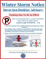 Parking Ban in Effect, 7 am - 7 pm, Jan. 16